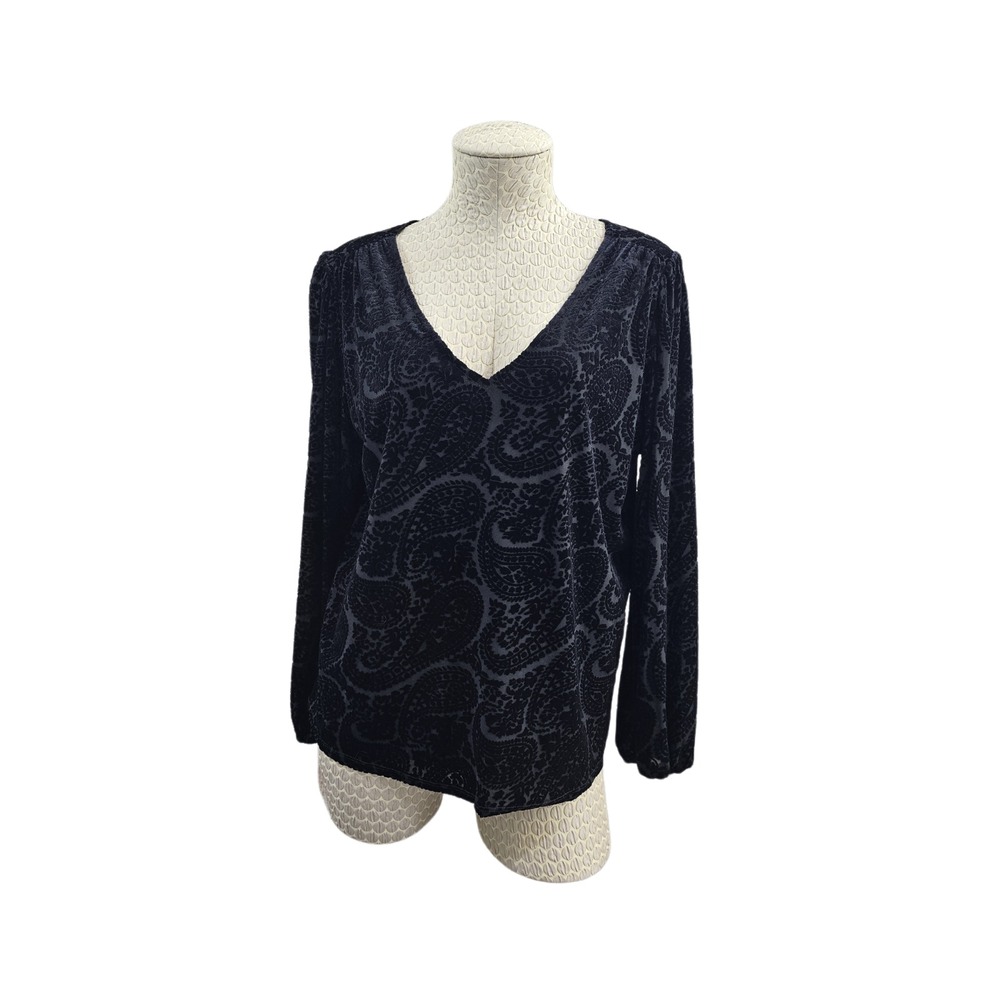 LOFT ANN TAYLOR Women's L Puff Sleeve‎ V-Neck Velvet Blouse Shirt Top Black EUC